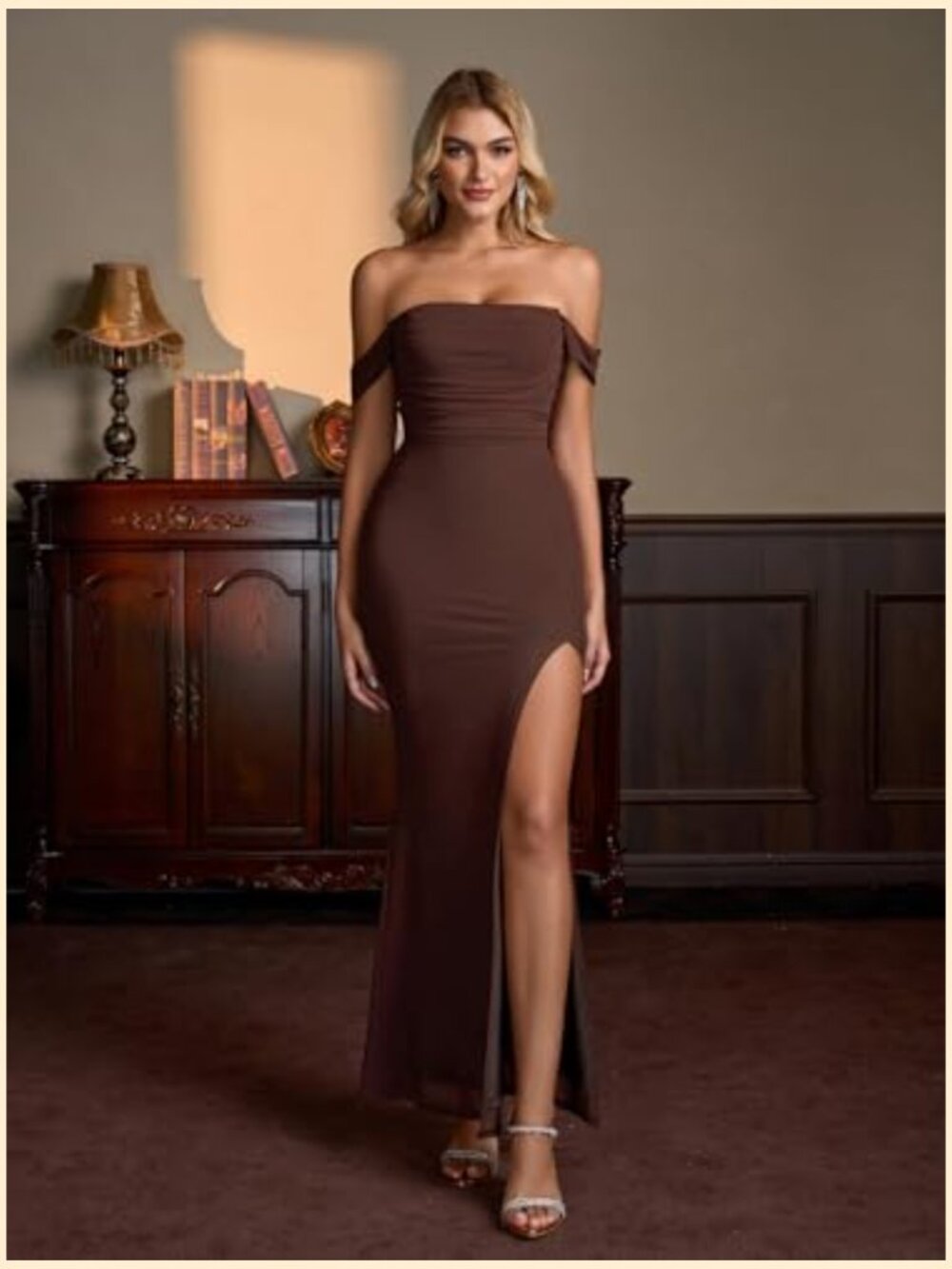 Off Shoulder Corset Maxi Dress with High Slit Ruched Bodycon - Picture 5 of 6